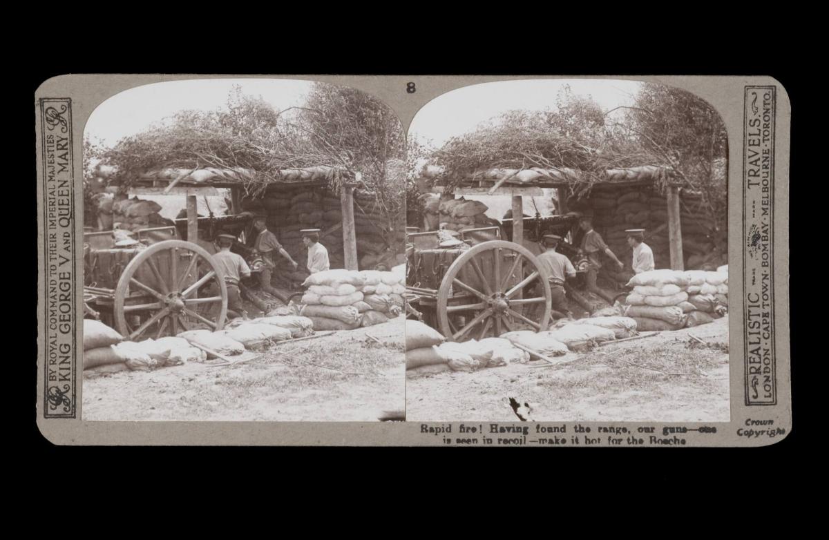 Rapid fire! Having found the range, our guns - is seen in recoil - make it hot for the Bosche. From the box The Great War