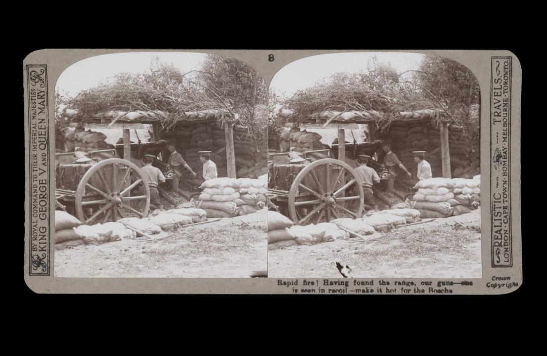 Rapid fire! Having found the range, our guns - is seen in recoil - make it hot for the Bosche. From the box The Great War