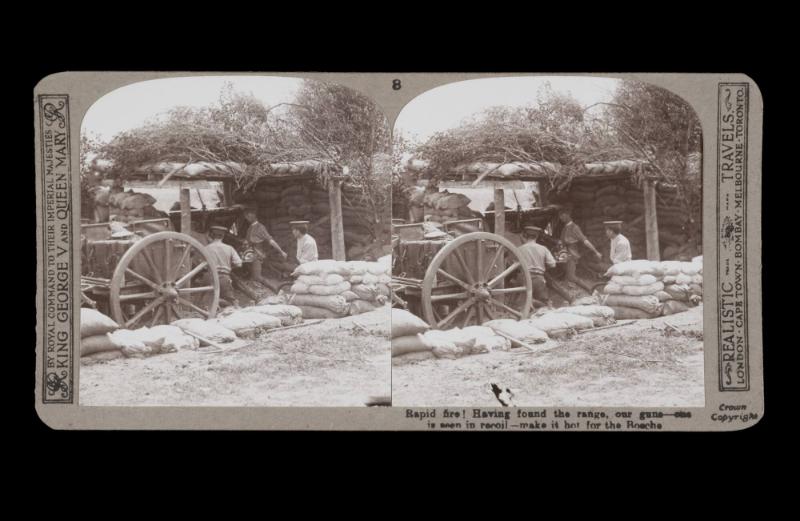 Rapid fire! Having found the range, our guns - is seen in recoil - make it hot for the Bosche. From the box The Great War