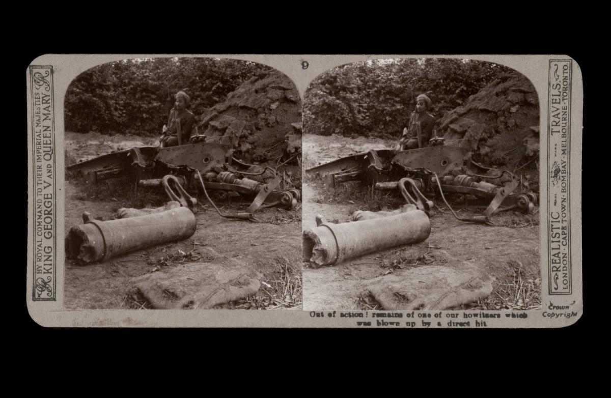 Out of action! remains of one of our howitzers which was blown up by a direct hit. From the box The Great War