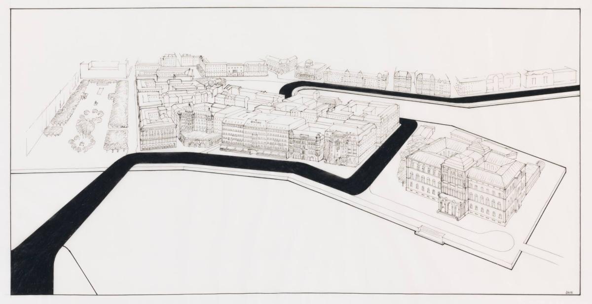 Perspektivritning över Blasieholmen med en projekterad billed inlagd