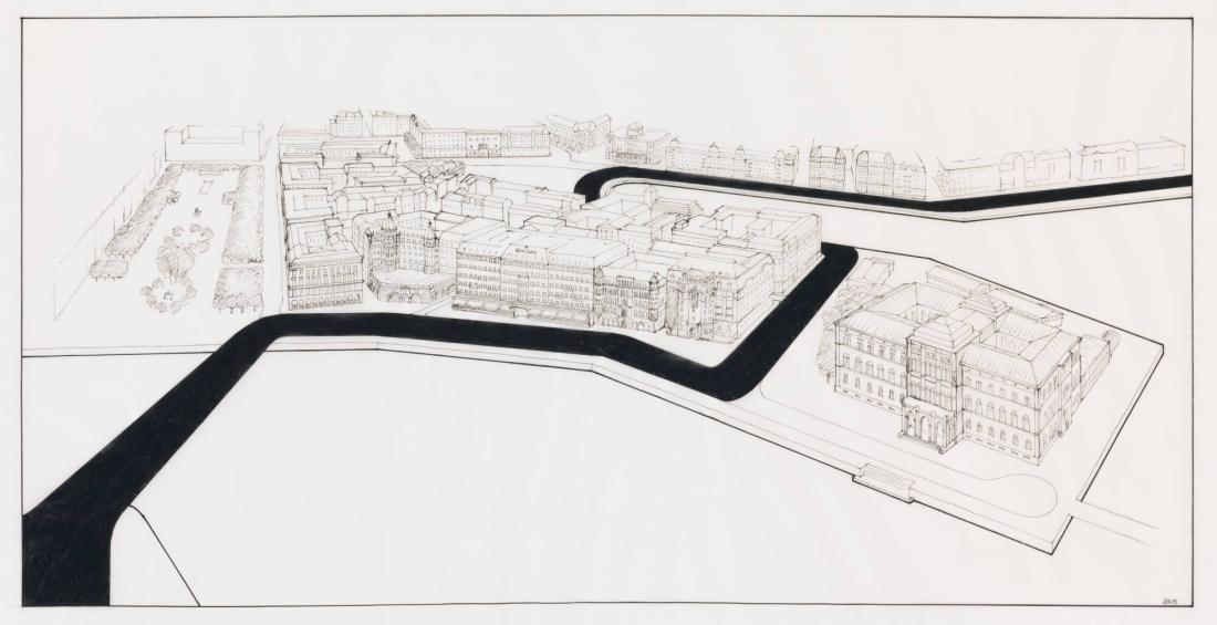 Perspektivritning över Blasieholmen med en projekterad billed inlagd