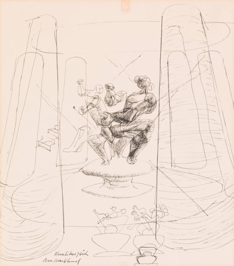 Skiss till kvinna med barn på knät, Kanslihusgården. (Färdig 1956)