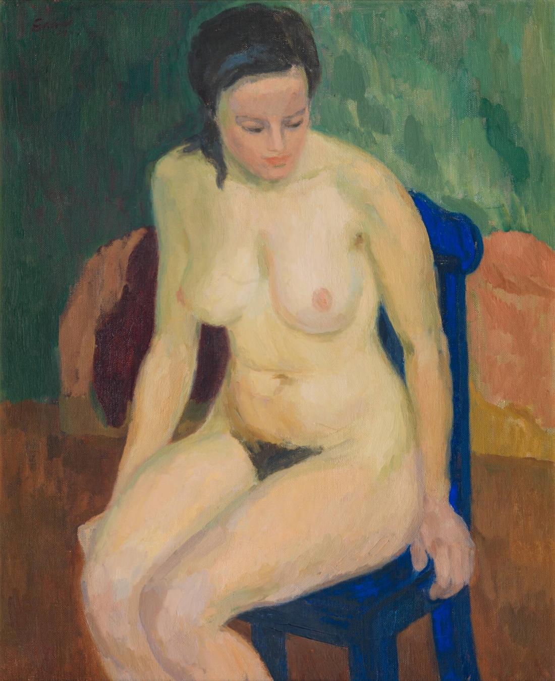 Modell på blå stol