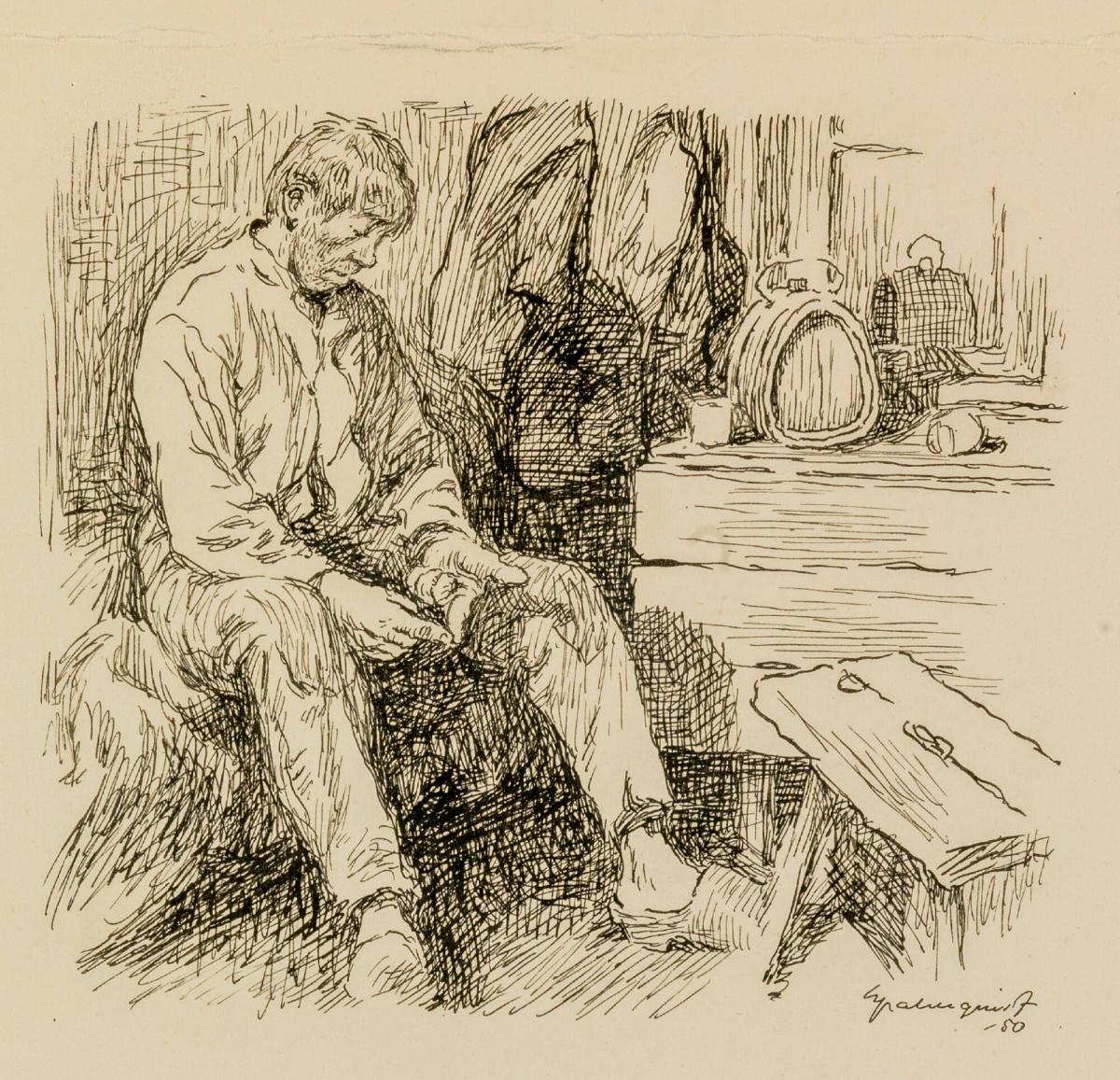 Interiör med mansfigur. Illustrationsteckning