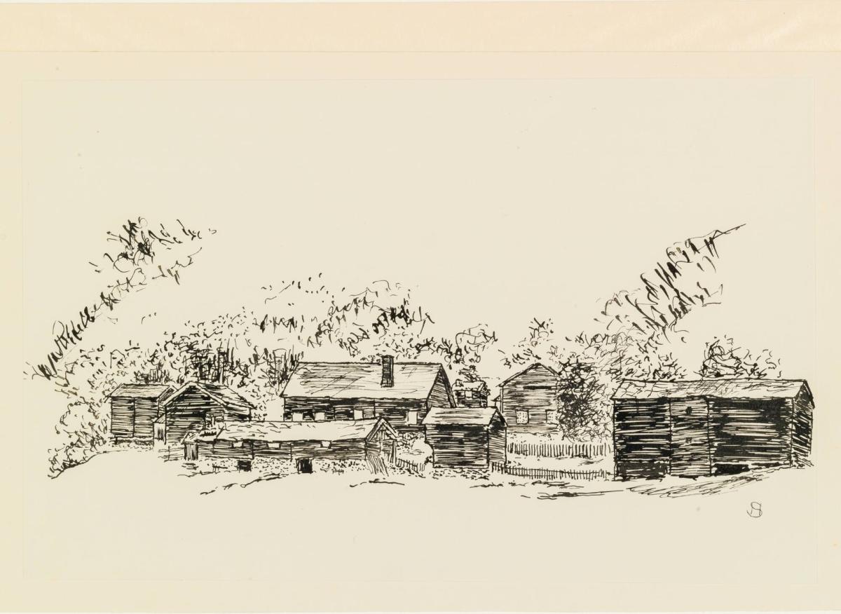 Gammal bondgård i norskt landskap, illustration