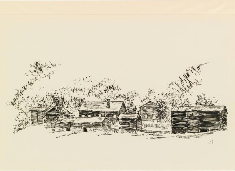 Gammal bondgård i norskt landskap, illustration